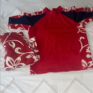 Lands’ End Boy’s‎ Swimsuit Shirt Trunks Size 10-12 Husky Red Navy Blue Vintage